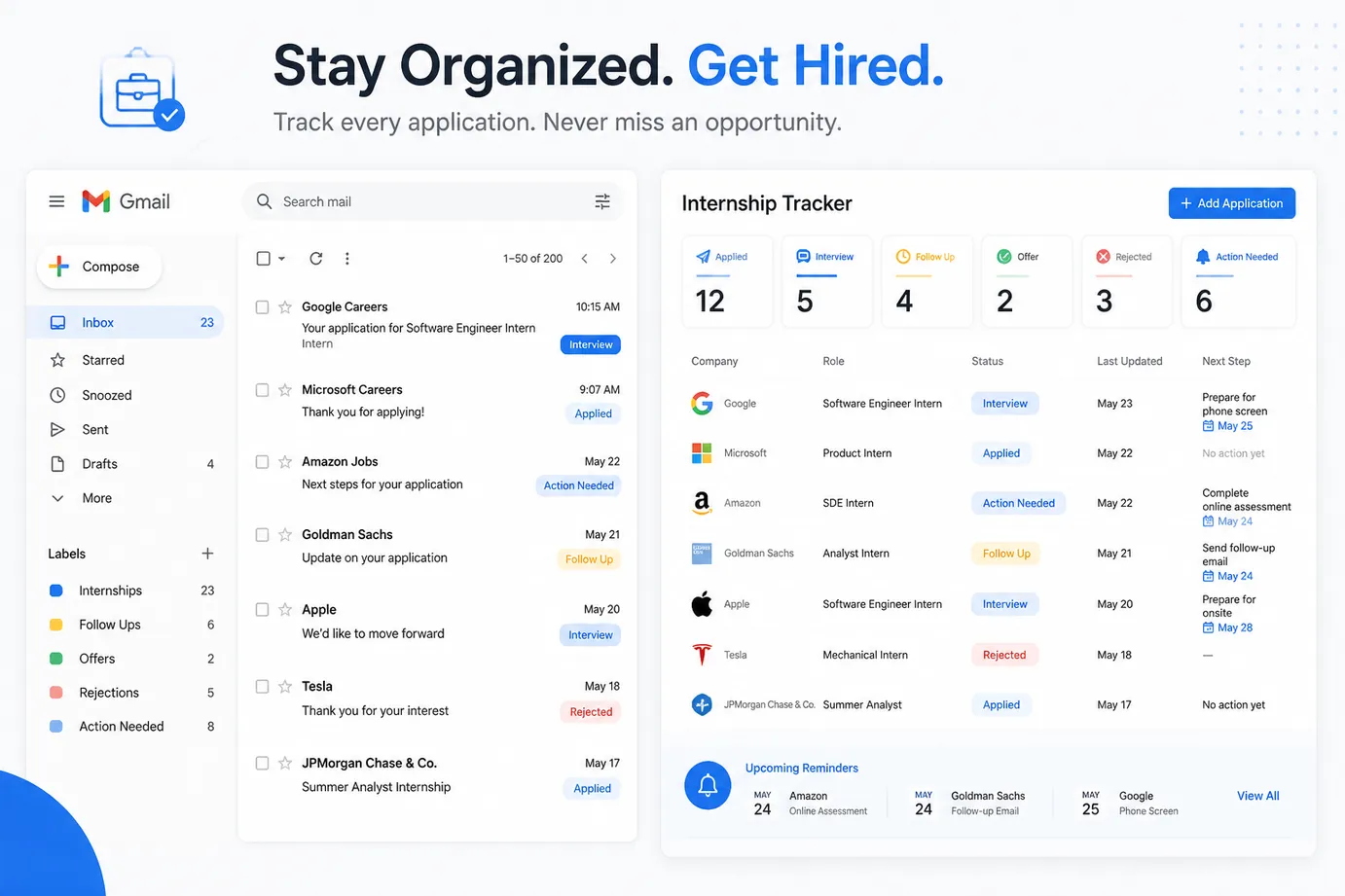 Gmail-based internship tracking dashboard for student applications