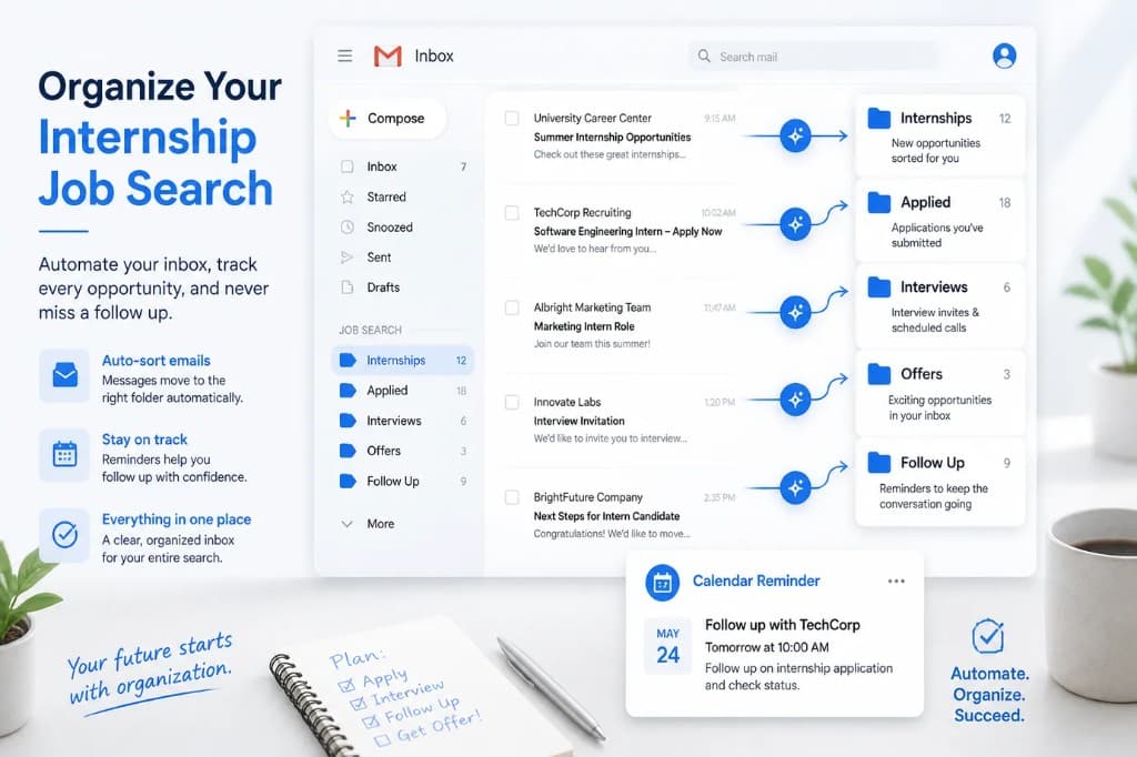 Gmail workflow for organizing internship applications with labels and filters