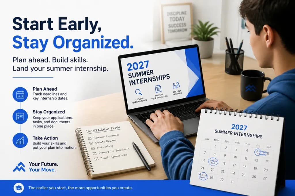 Student planning a 2027 summer internship search with laptop and calendar