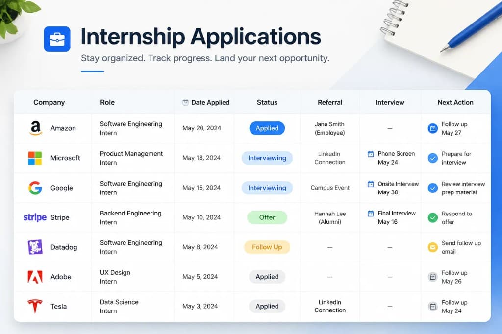 Internship application tracker with columns and status labels