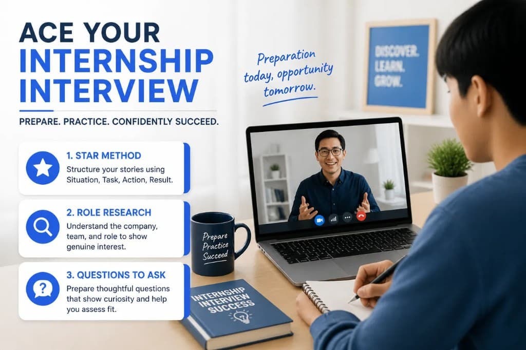 College student practicing for a summer internship interview